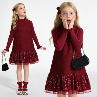 女童红色秋冬季 加厚保暖亮片花边领洋气拜年连衣裙两件套 2025新款