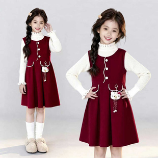 加厚洋气红色喜庆连衣裙两件套潮 时尚 女童拜年服秋冬季 2025年新款
