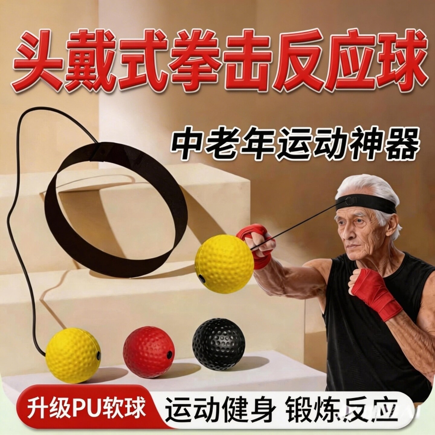 中老年健身球拳击反应球头戴式健身弹力球成人专注力训练锻炼速度