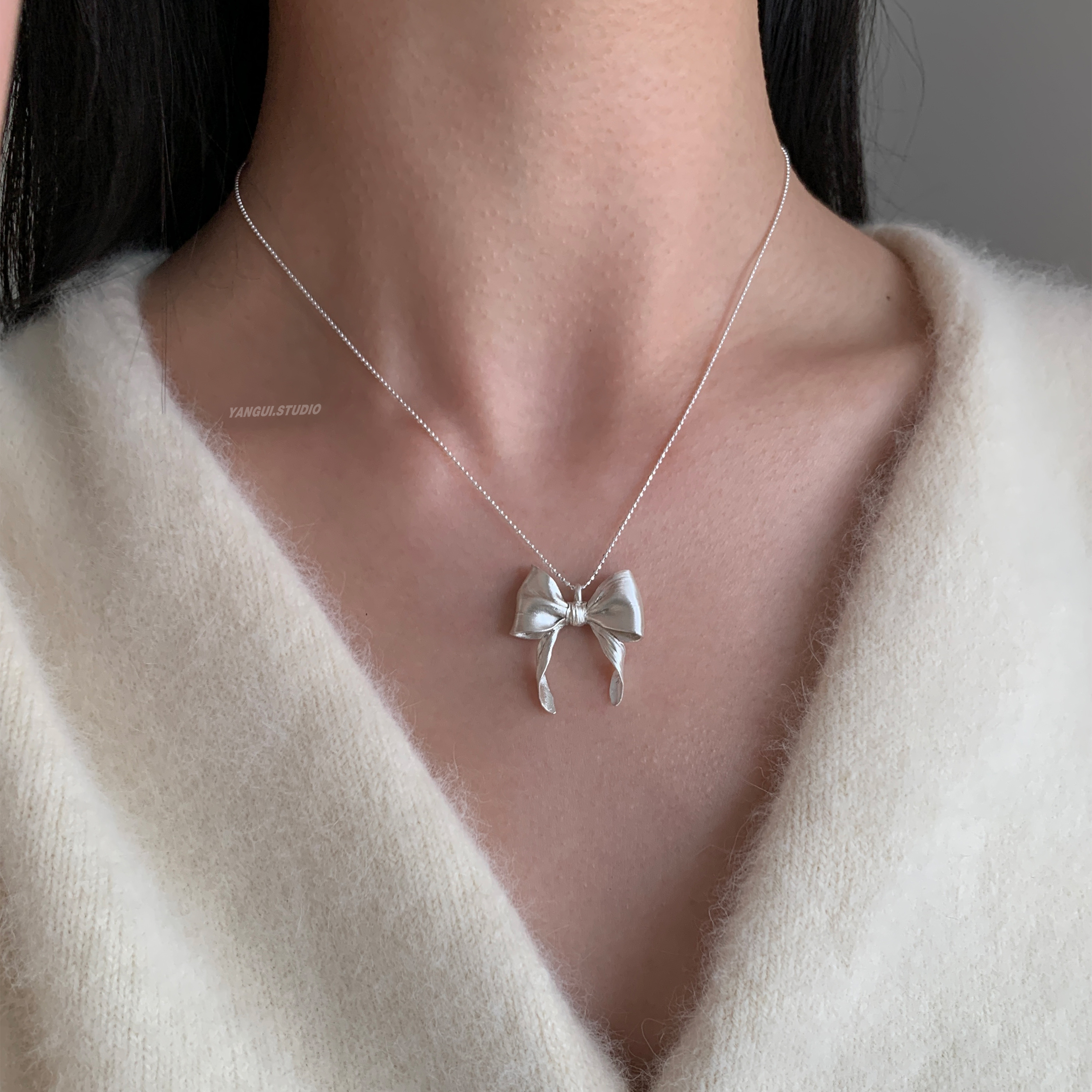 燕归原创蝴蝶结的梦纯银项链