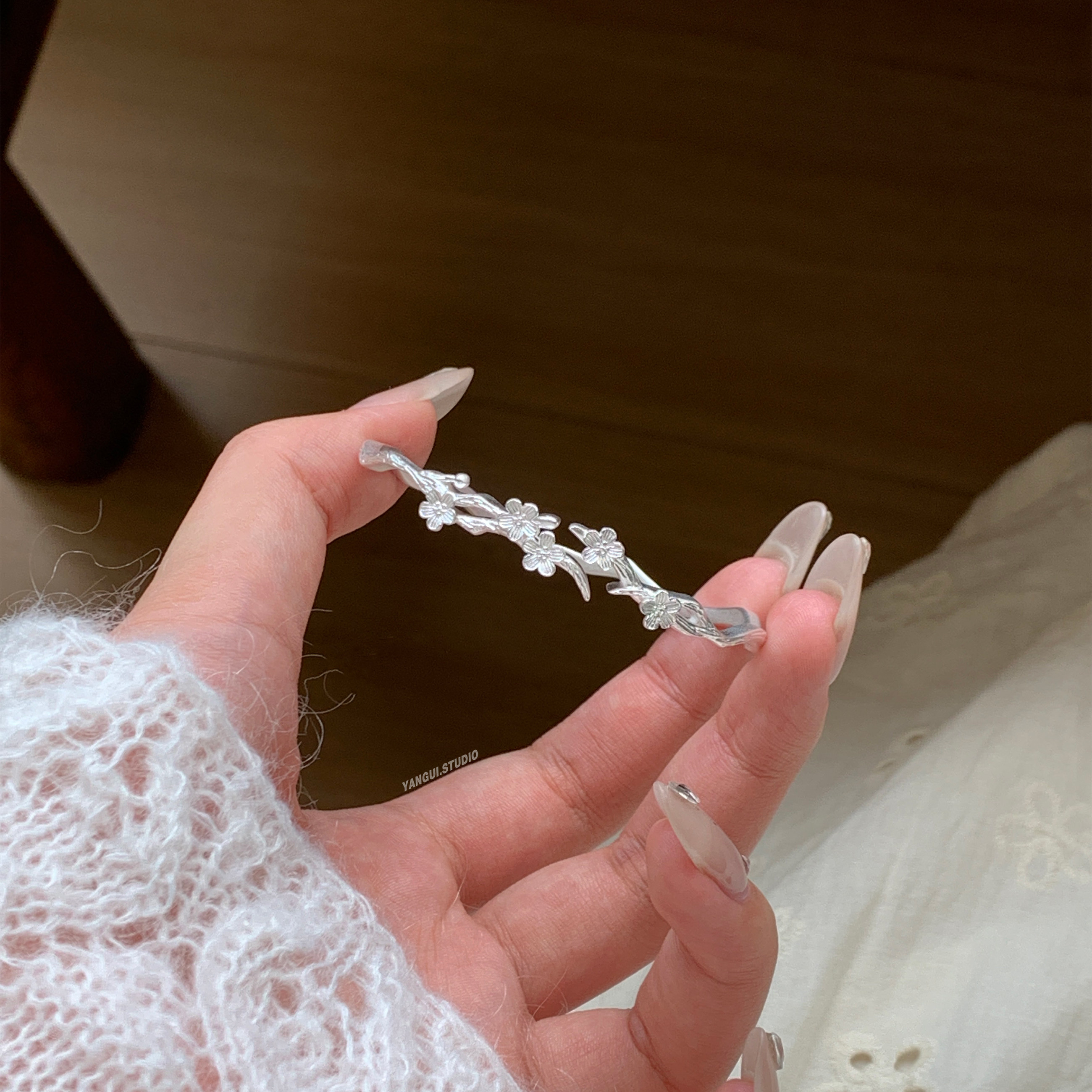 燕归花藤国风新中式足银手镯女