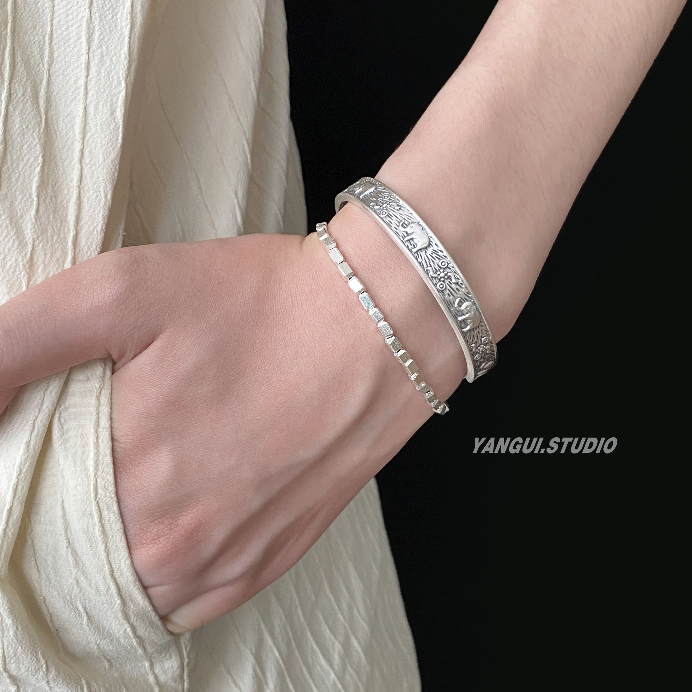 Yangui燕归「纹象」足银S990极简手链古法做旧复古S999小象手镯