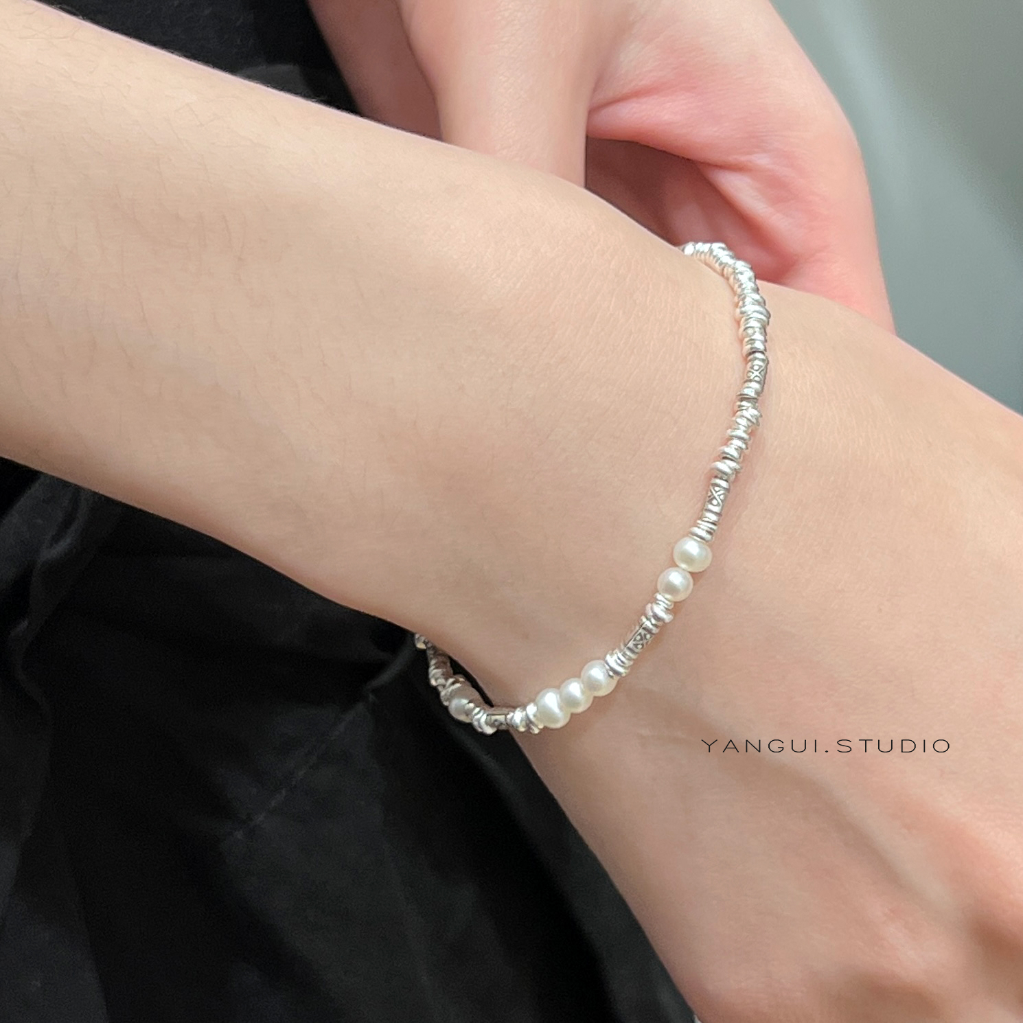 原创天然珍珠手工银碎几两手链