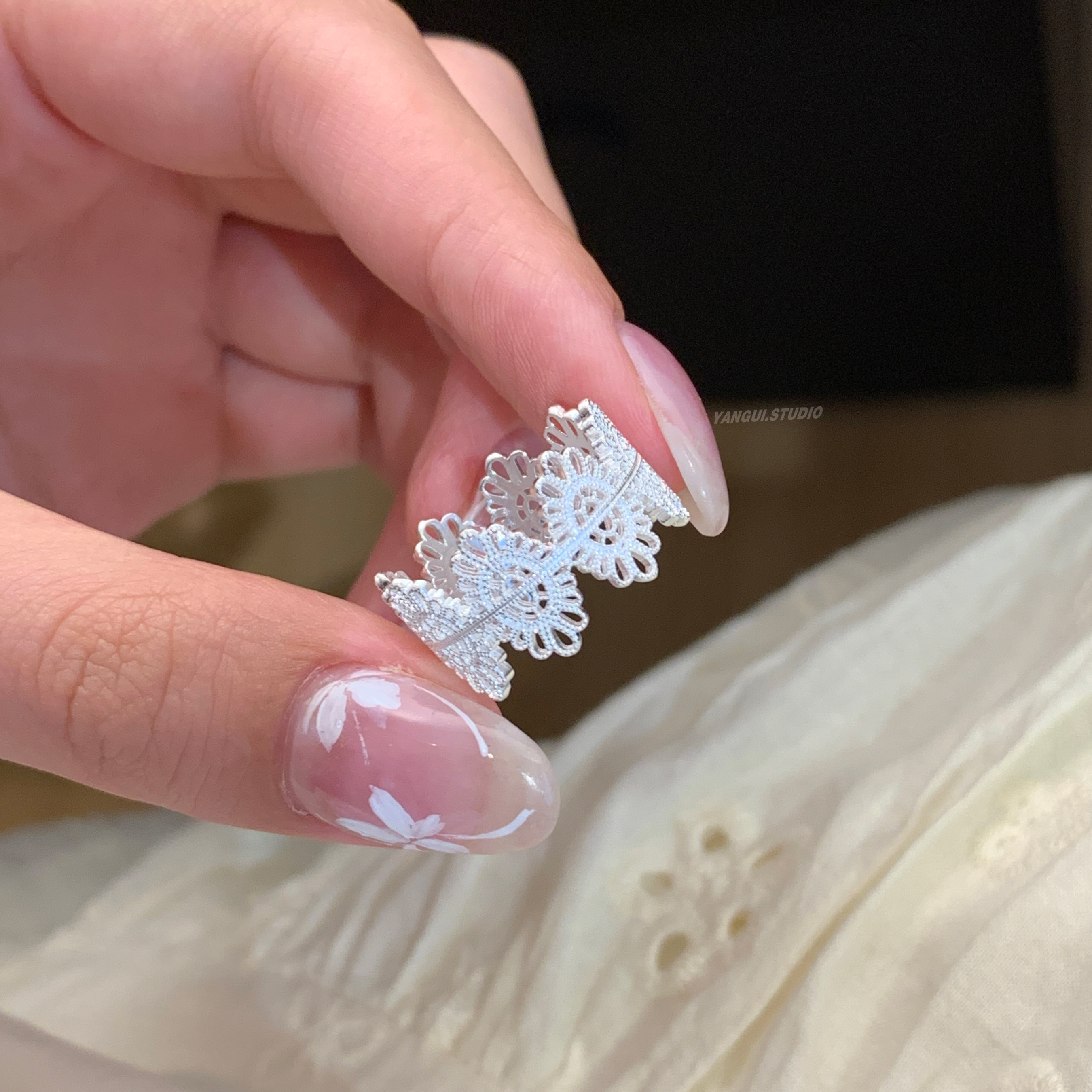 燕归蕾丝系列足银990叠戴戒指女