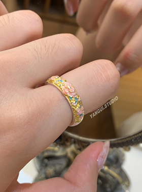 燕归芍夭桃国风轻奢足银珐琅戒指