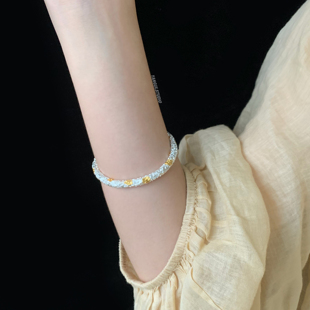 Yangui燕归「桃花珞」国风新中式足银999.9重工轻奢百搭描金手镯