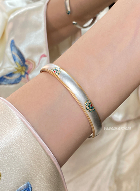 燕归宝莲灯珐琅彩新中式足银手镯