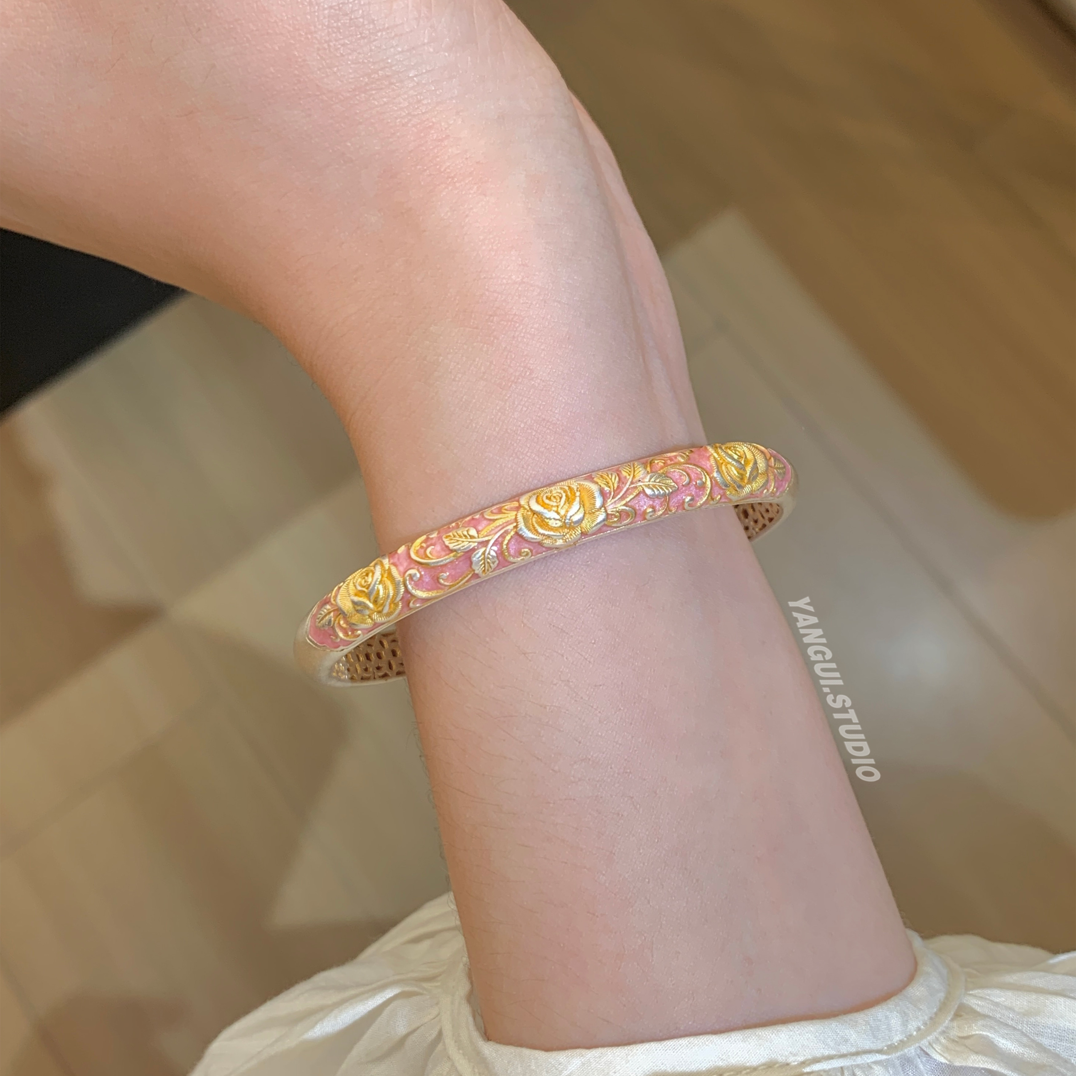 燕归粉蔷月新中式国风足银手镯女