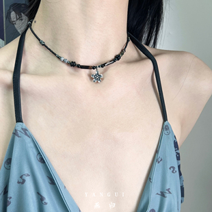 原创茉莉花纯银吊坠新中式国风黑玛瑙天然石轻奢小众锁骨项链女