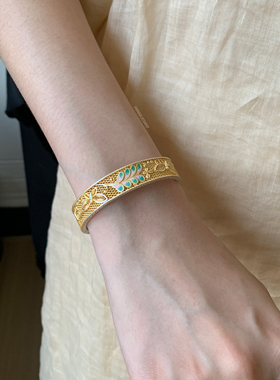 燕归叶春蝶国风珐琅彩足银手镯女