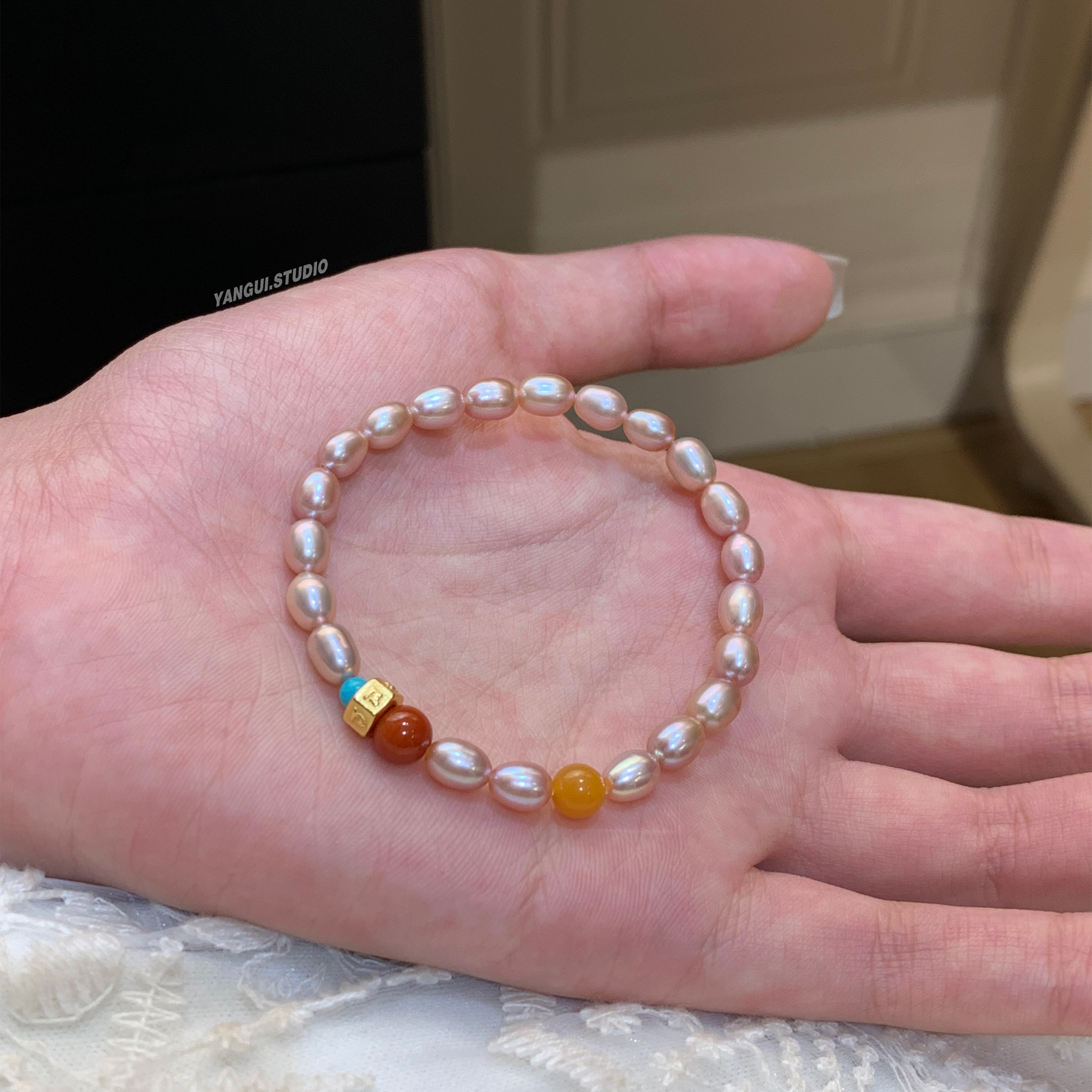 Yangui原创「粉韵珍珠」国风轻奢重工淡水珍珠纯银南红弹力手链