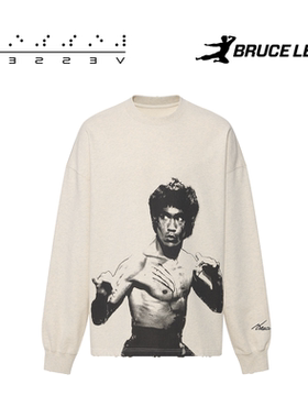 xVESSEL李小龙联名款人物图案灰色圆领宽松休闲卫衣男女同款