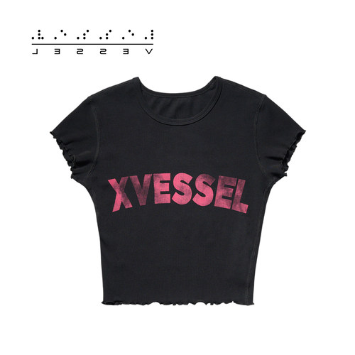 xVESSEL女生重磅短袖t恤黑色字母印花短袖时尚百搭短款潮流上衣