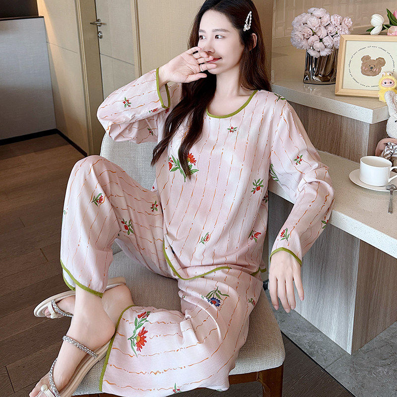 长袖长裤女带胸垫睡衣家居服