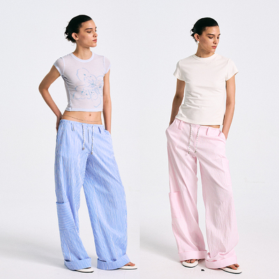 Howwell 多口袋条纹肌理感阔腿裤休闲裤宽松百搭松弛感长裤女新款