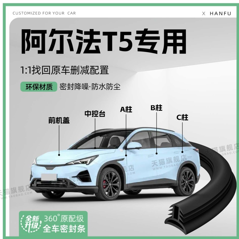 适用25款极狐阿尔法T5汽车B柱密封条C柱中控隔音引擎机盖防撞胶条