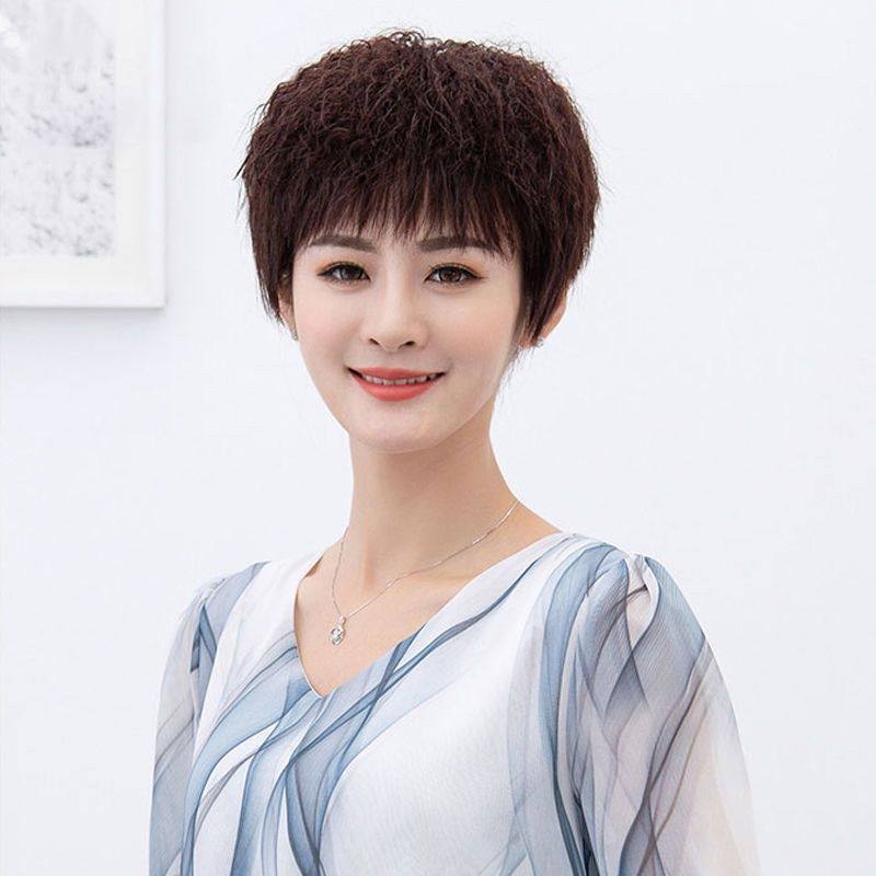 全真人发丝全头套烟花烫玉米须烫时尚洋气减龄短发妈妈假发全真发