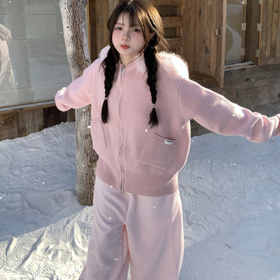 GTGA毛领连帽拉链开衫针织衫男女秋冬款宽松毛衣外套温柔百搭上衣