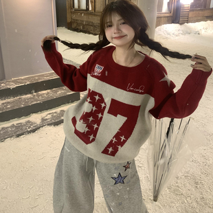 上衣 球衣运动风针织衫 GTGA美式 复古字母印花圆领毛衣男女秋冬新款