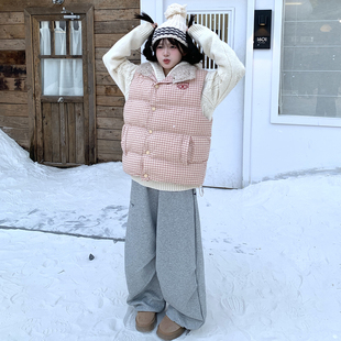 GTGA复古格子刺绣羊羔毛翻领棉服马甲男女宽松百搭外穿保暖外套冬