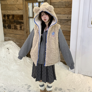 GTGA甜酷羊羔毛马甲女秋冬新款 小熊耳朵连帽坎肩百搭叠穿保暖外套