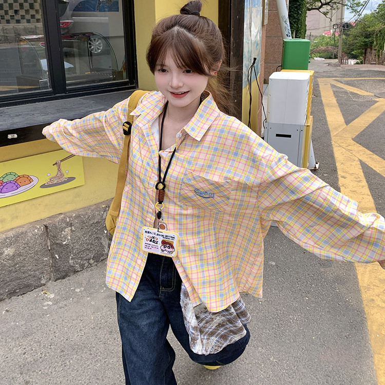 GTGA夏季新款美式复古格子衬衫男女同款薄款宽松休闲长袖上衣潮