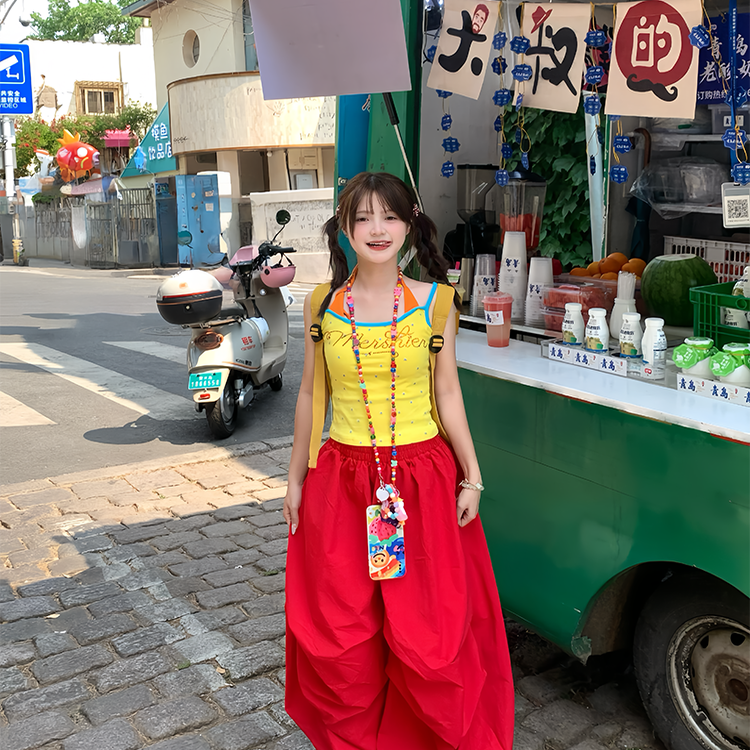 GTGA美式复古点钻字母印花星星满印吊带背心女夏季新款无袖上衣潮