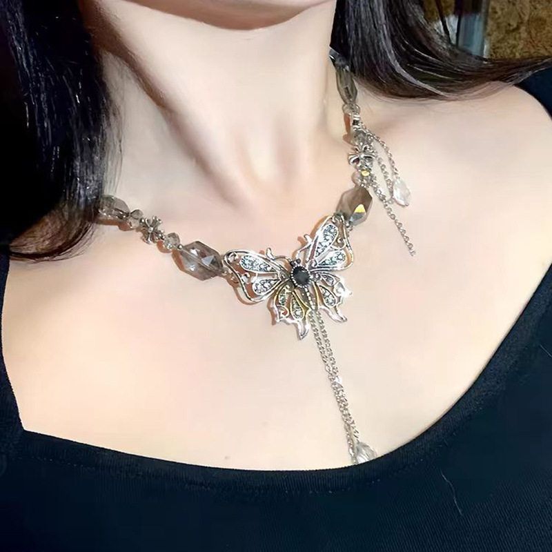 y2k暗黑辣妹蝴蝶水晶吊坠项链链
