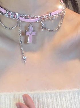 嘻哈辣妹皮质缠绕镶钻十字架吊