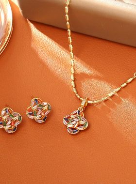 爆款彩色锆石四叶草吊坠项链高级