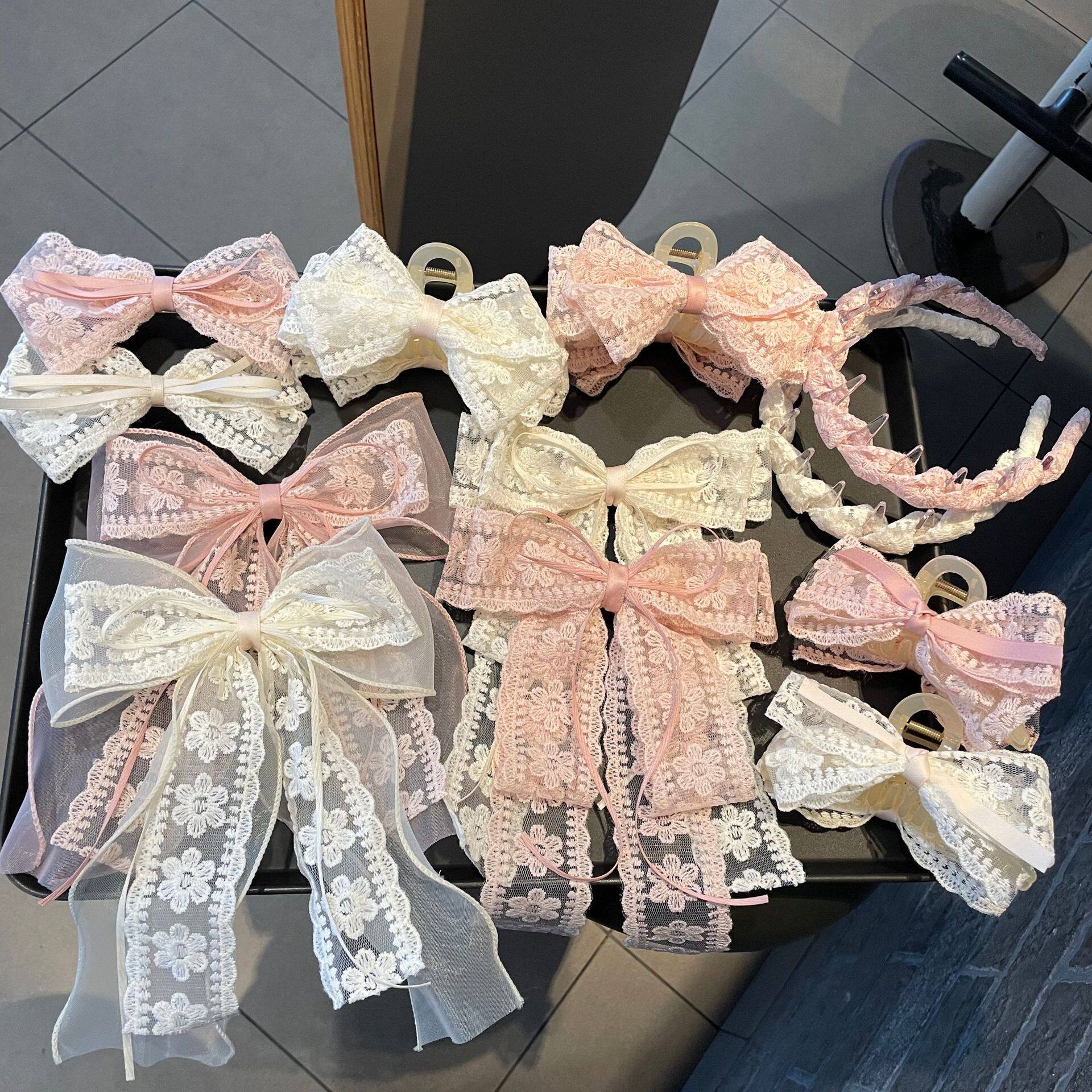 韩版时尚蕾丝花边蝴蝶结飘带发夹高级感后脑勺顶夹抓夹精品店发饰