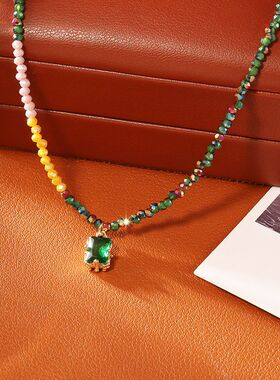 彩色天然石祖母绿水晶吊坠项链