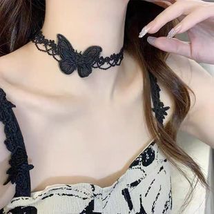 锁骨链 黑色蕾丝立体蝴蝶项链气质高级感花边choker赫本风轻奢短款