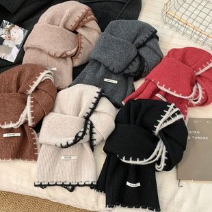围巾新款韩系锁边针织围巾可爱女冬季学生简约纯色保暖围脖披肩