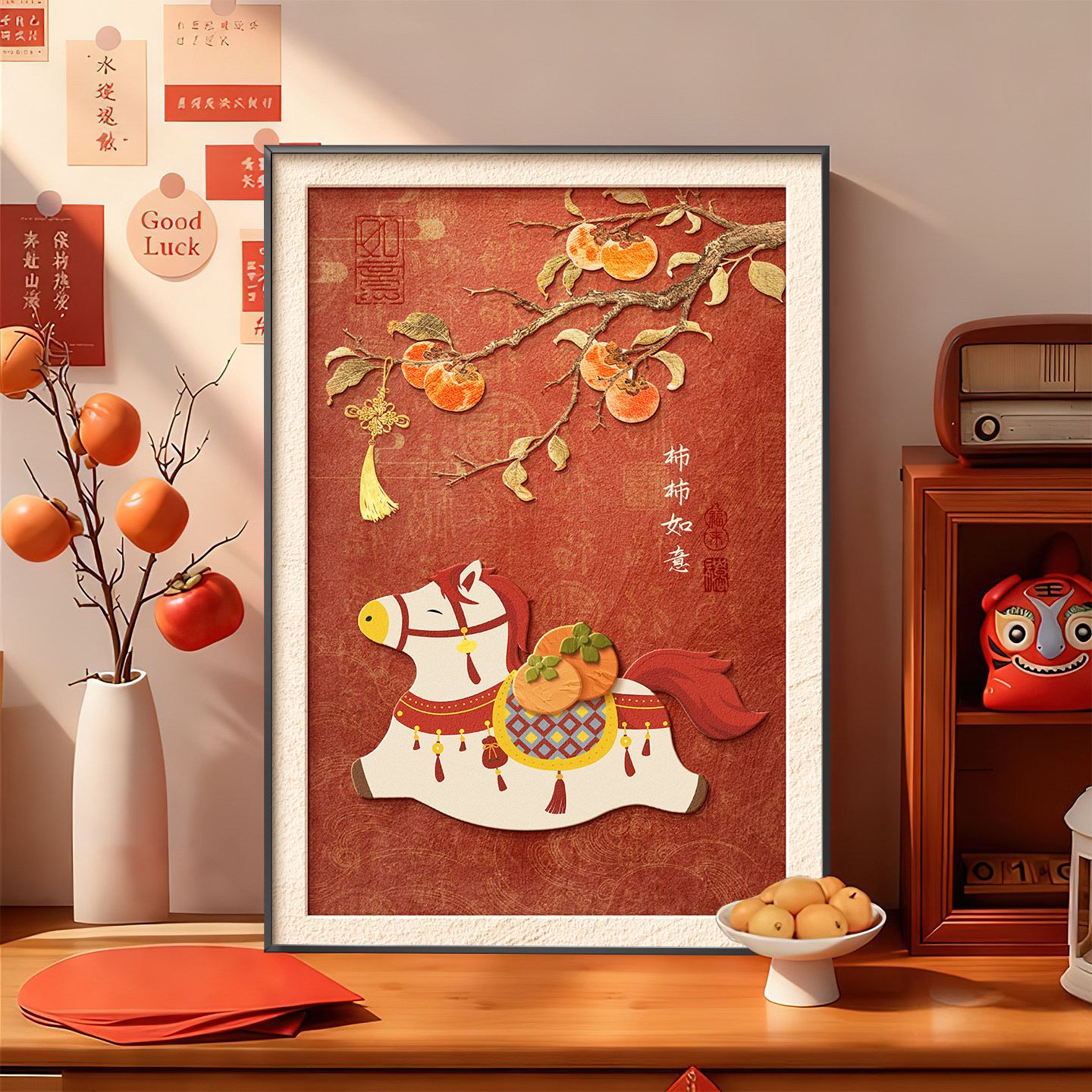 柿柿如意餐厅装饰画斗柜上寓意好沙发背景墙喜庆挂画客厅卧室壁画