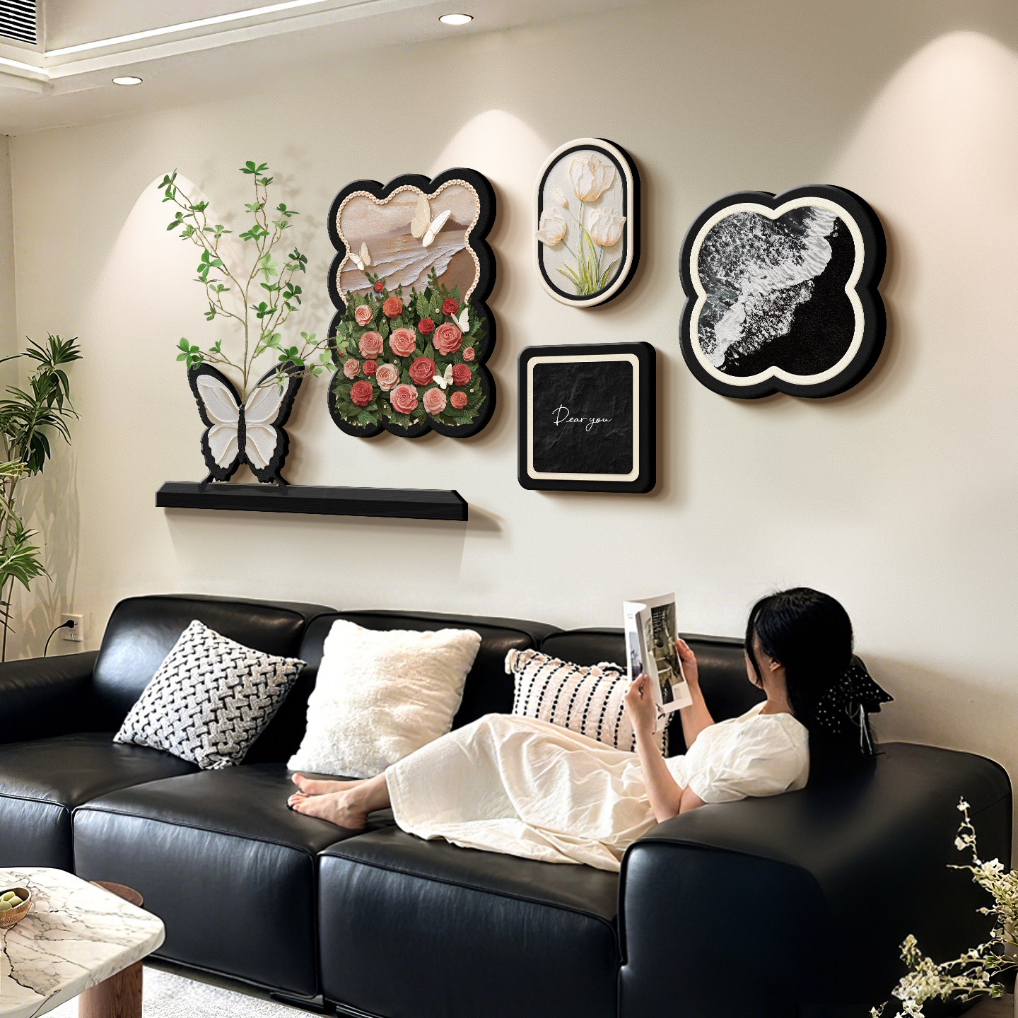 法式覆古客厅装饰画蝴蝶玫瑰沙发背景墙挂画奶油中古风高级感壁画