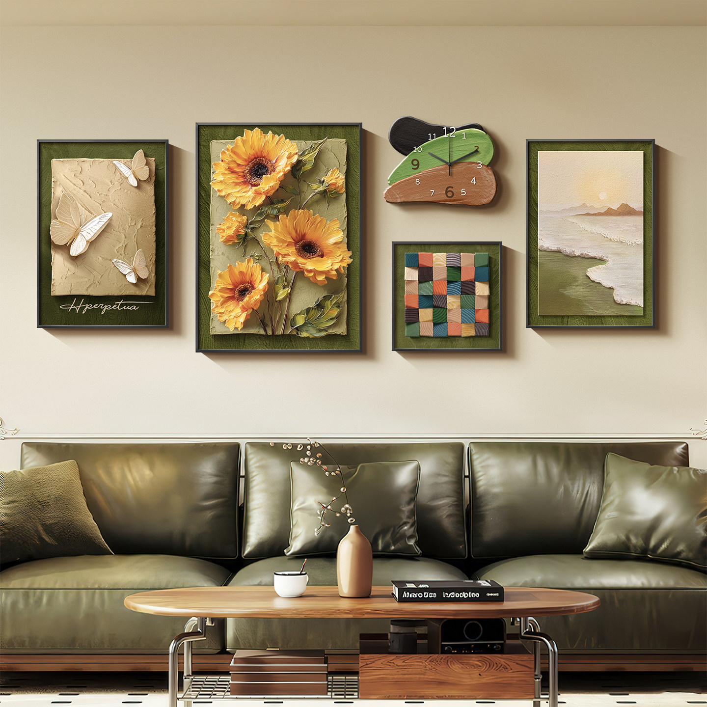 法式中古风向日葵客厅装饰画带钟表肌理画沙发背景墙挂画组合壁画