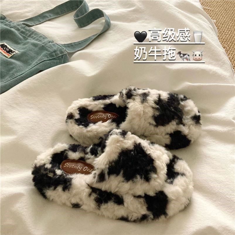 重工高级感~厚实INS小众奶牛毛毛拖鞋冬季厚底增高外穿一字棉拖鞋