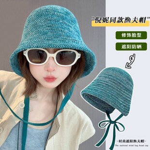 倪妮同款日系手工编织大头围渔夫帽子女款系带盆帽显脸小遮阳防晒