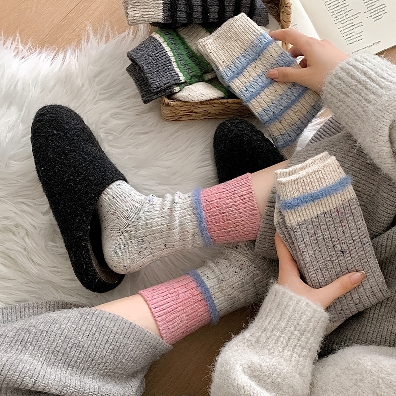 女袜子条纹中筒袜秋冬季堆堆袜毛毛保暖厚袜子拼色韩版中长款百搭