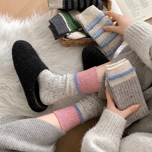 女袜子条纹中筒袜秋冬季堆堆袜毛毛保暖厚袜子拼色韩版中长款百搭