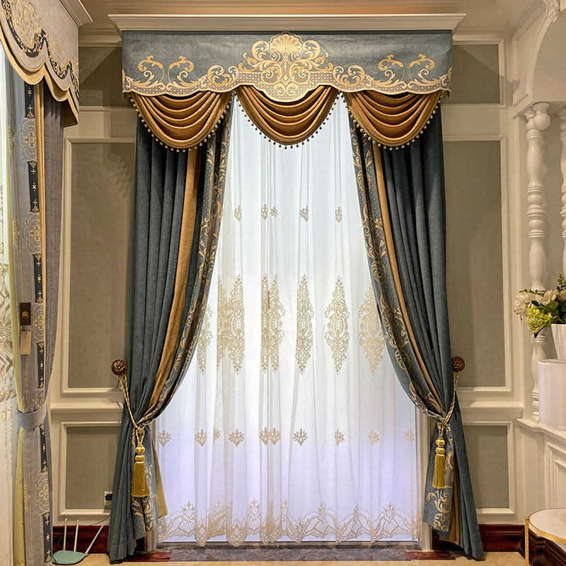 新款简欧大气奢华雪尼尔蓝色客厅窗帘美式轻奢卧室绣花纱帘头幔子