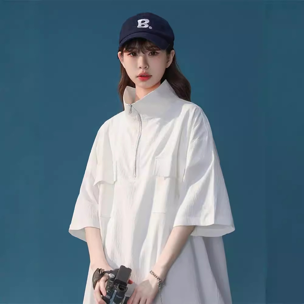 时尚新款立领半拉链短袖T恤女夏季日系复古工装半袖设计感小众pol