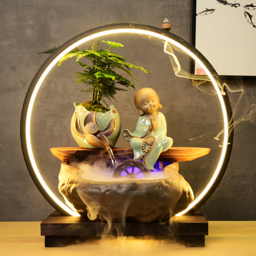 中式风加湿器氛围台灯假山流水