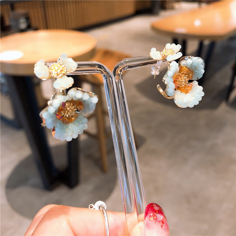 S925银针韩版东大门气质古典风两朵花淡蓝橘耳坠气质花卉耳环