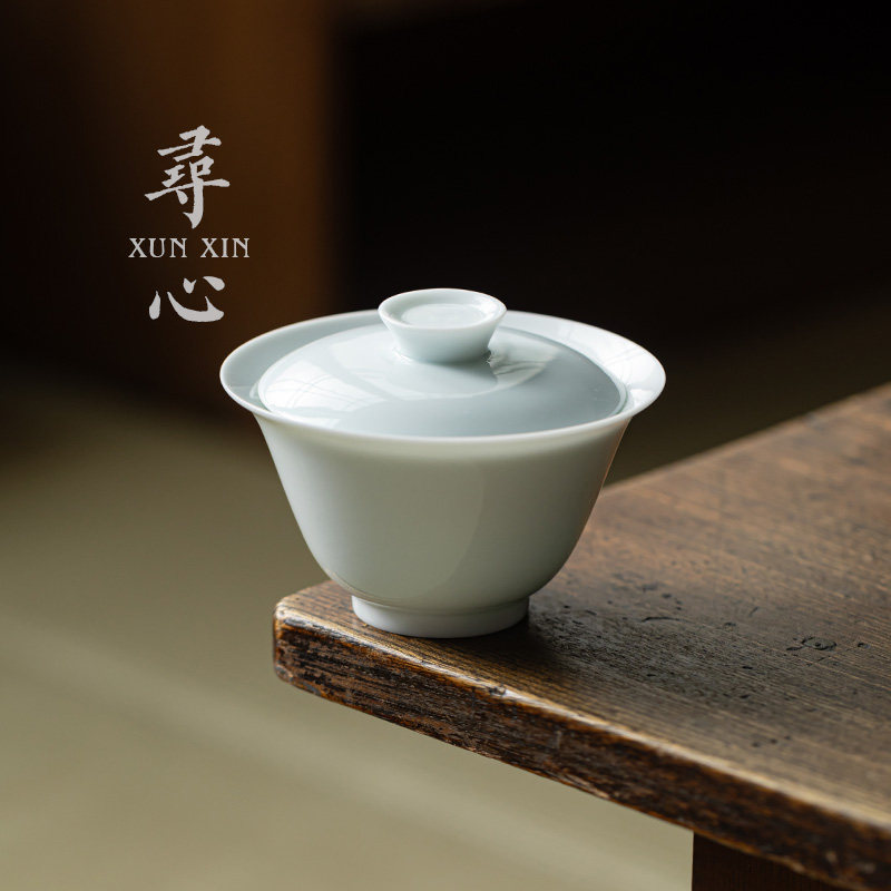 寻心影青中式二才盖碗个人专用功夫茶具家用复古带盖不烫手泡茶碗,餐饮具,盖碗,淘宝优惠券,粉丝福利购,淘宝优惠卷