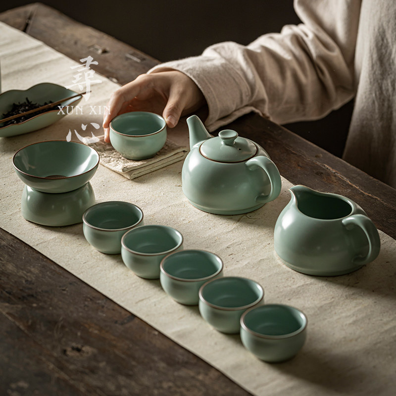 汝窑开片可养功夫茶具套组家用陶瓷泡茶壶轻奢茶壶茶杯高端礼盒装