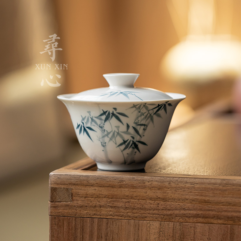 寻心手绘蓝竹二才盖碗