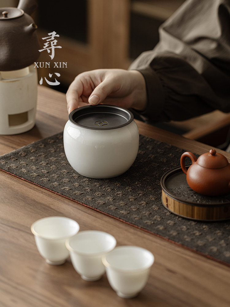 寻心羊脂玉瓷茶渣缸建水带盖家用白瓷茶渣桶储水陶瓷茶盂废水茶缸