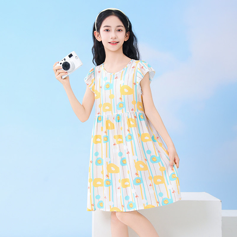 百咘噜儿童绵绸连衣裙夏季人造棉飞袖裙子女童背心裙子碎花公主裙